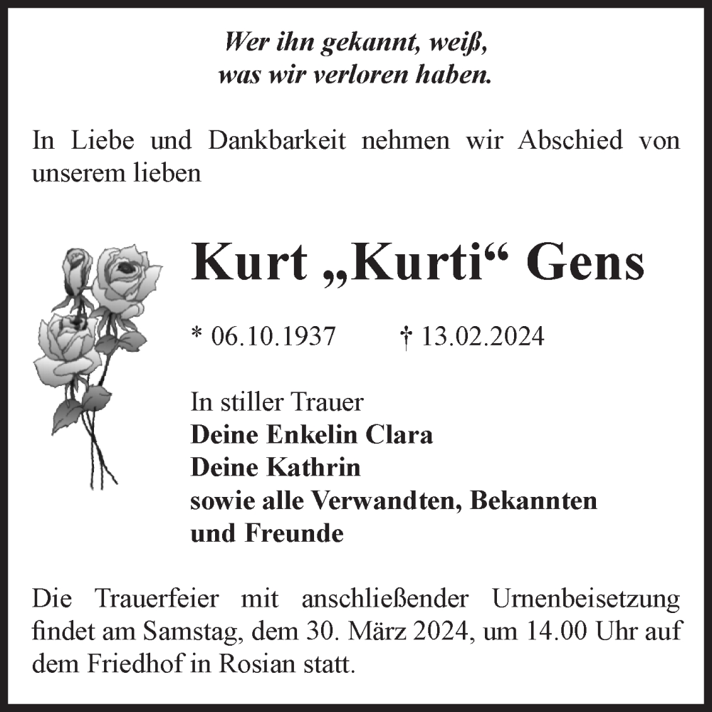  Traueranzeige für Kurt  Gens vom 24.02.2024 aus Volksstimme Zerbst