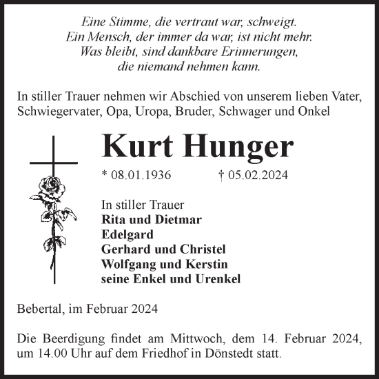 Traueranzeige von Kurt Hunger von Volksstimme Haldensleben/Wolmirstedt