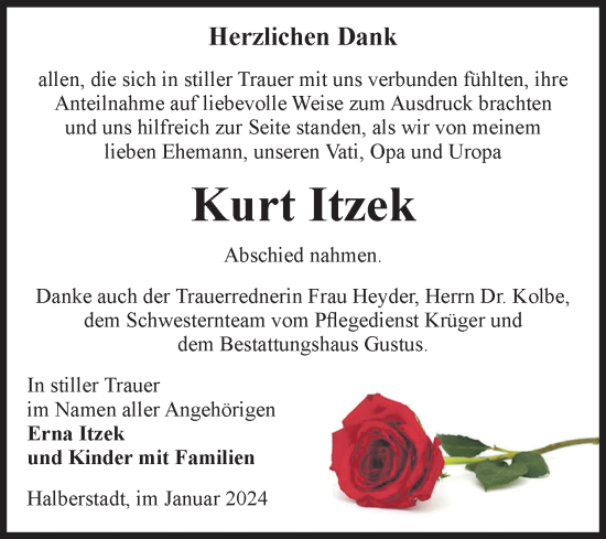 Traueranzeige von Kurt Itzek von Volksstimme Halberstadt