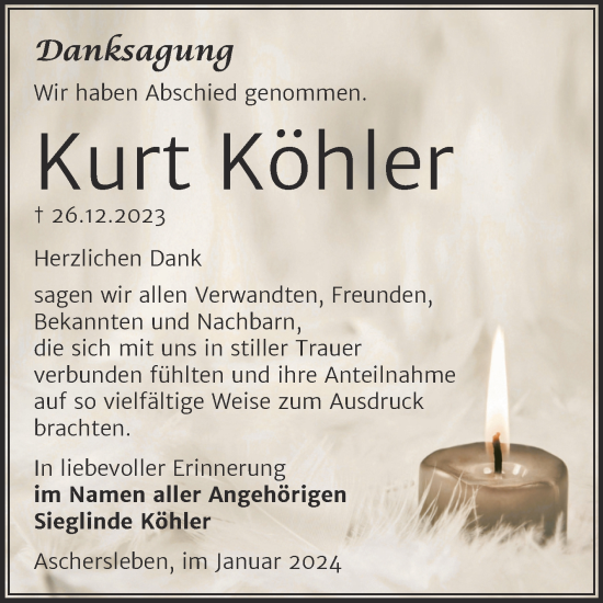 Traueranzeige von Kurt Köhler von Trauerkombi Aschersleben