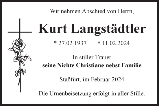Traueranzeige von Kurt Langstädtler von Volksstimme Staßfurt