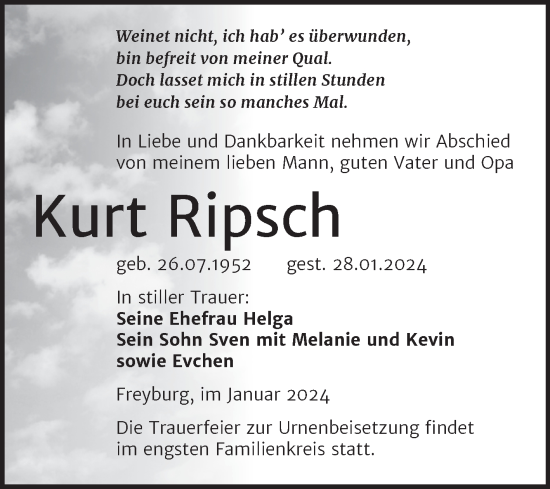 Traueranzeige von Kurt Ripsch von Naumburger Tageblatt
