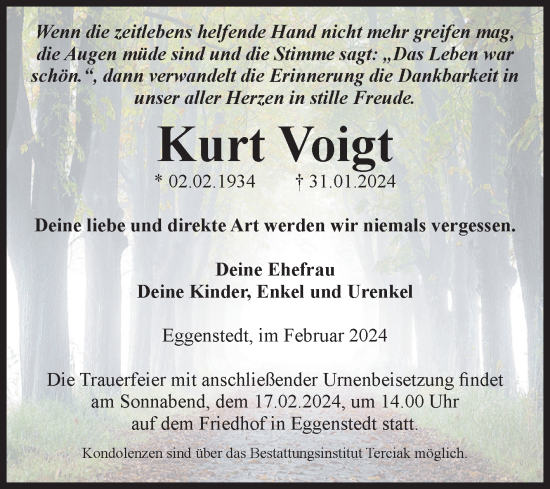 Traueranzeige von Kurt Voigt von Volksstimme Oschersleben/Wanzleben