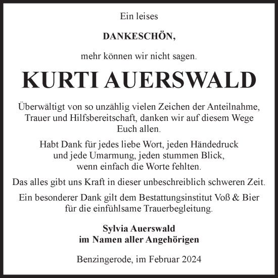 Traueranzeige von Kurti Auerswald von Volksstimme Wernigerode
