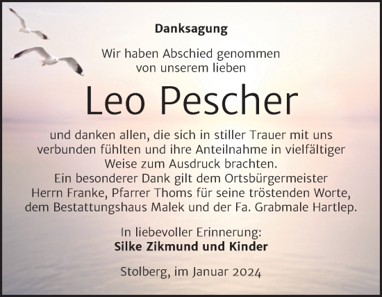 Traueranzeige von Leo Pescher von Trauerkombi Sangerhausen