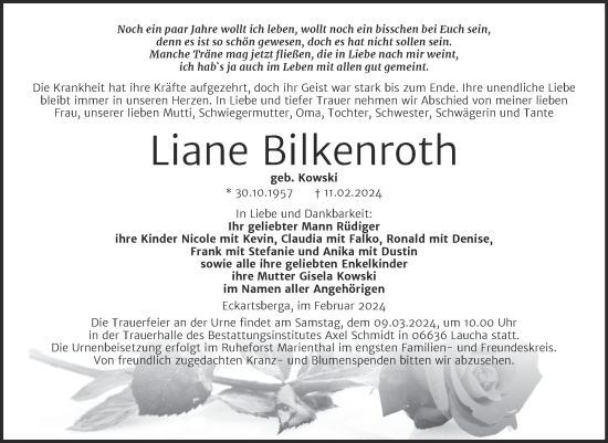 Traueranzeige von Liane Bilkenroth von Super Sonntag Naumburg/Nebra
