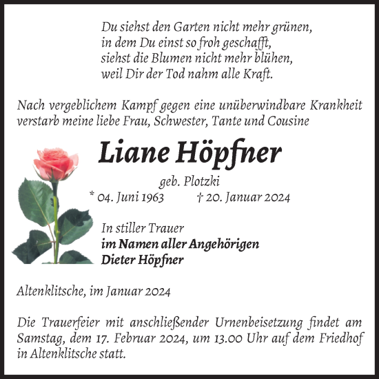 Traueranzeige von Liane Höpfner von Volksstimme Burg/Genthin