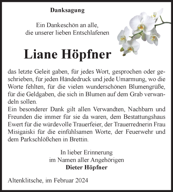 Traueranzeige von Liane Höpfner von Volksstimme Burg/Genthin