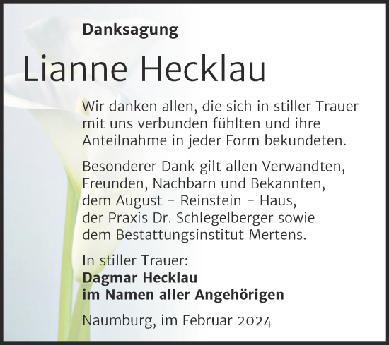 Traueranzeige von Lianne Hecklau von Naumburger Tageblatt