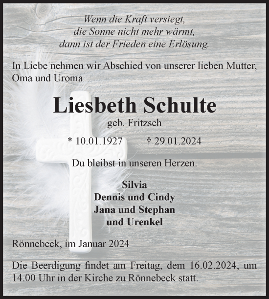 Traueranzeige von Liesbeth Schulte von Volksstimme Altmark Ost