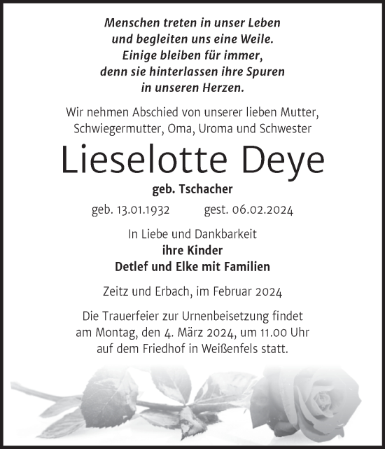 Traueranzeige von Lieselotte Deye von Trauerkombi Weißenfels