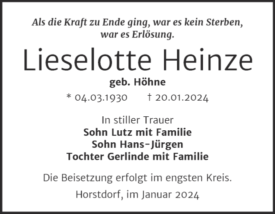 Traueranzeige von Lieselotte Heinze von Trauerkombi Wittenberg