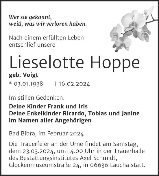 Traueranzeige von Lieselotte Hoppe von Naumburger Tageblatt