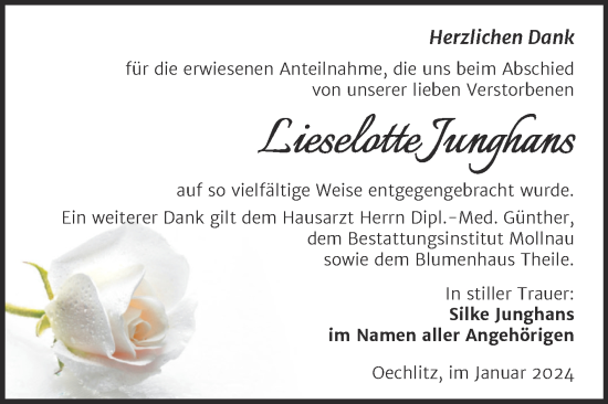 Traueranzeige von Lieselotte Junghans von Trauerkombi Merseburg