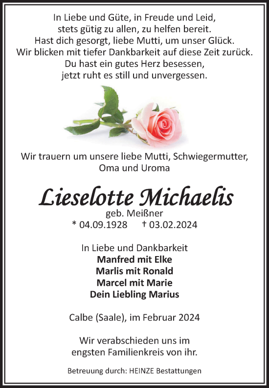 Traueranzeige von Lieselotte Michaelis von Volksstimme Schönebeck