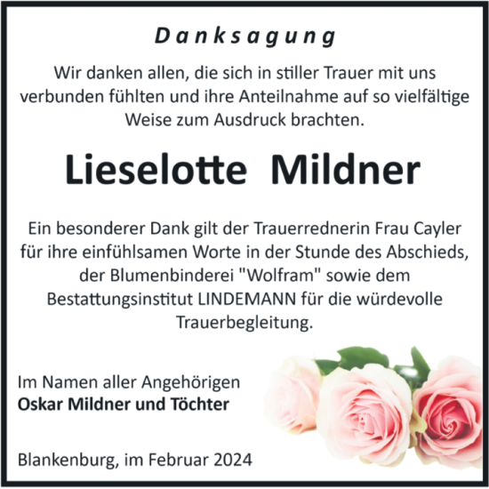 Traueranzeige von Lieselotte Mildner von Volksstimme Wernigerode