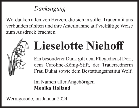 Traueranzeige von Lieselotte Niehoff von Volksstimme Wernigerode