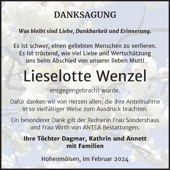 Traueranzeige von Lieselotte Wenzel von Trauerkombi Weißenfels