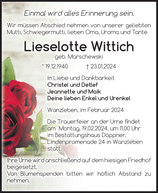 Traueranzeige von Lieselotte Wittich von Volksstimme Oschersleben/Wanzleben