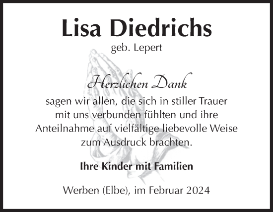Traueranzeige von Lisa Diedrichs von Volksstimme Altmark Ost
