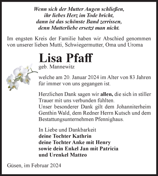 Traueranzeige von Lisa Pfaff von Volksstimme Burg/Genthin