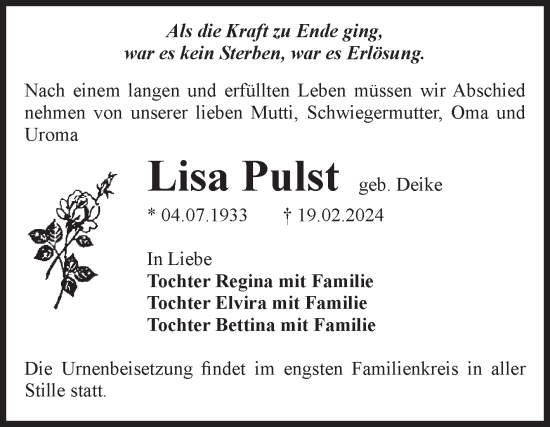 Traueranzeige von Lisa Pulst von Volksstimme Staßfurt