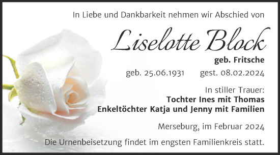 Traueranzeige von Liselotte Block von Trauerkombi Merseburg