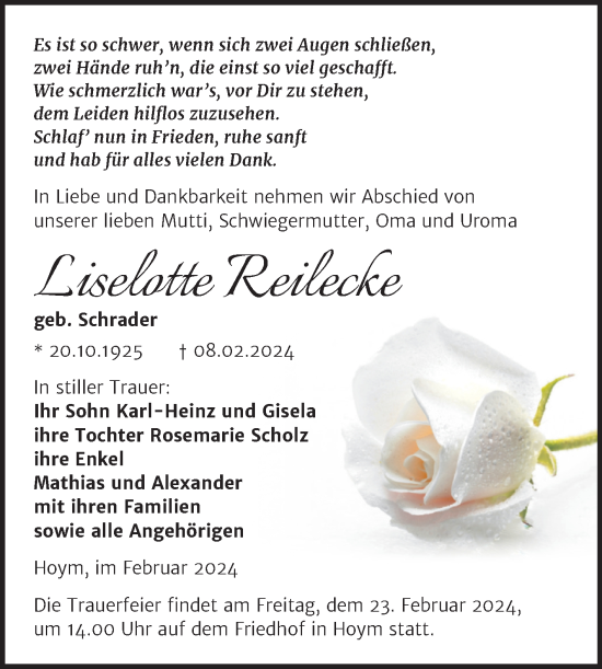 Traueranzeige von Liselotte Reilecke von Trauerkombi Aschersleben