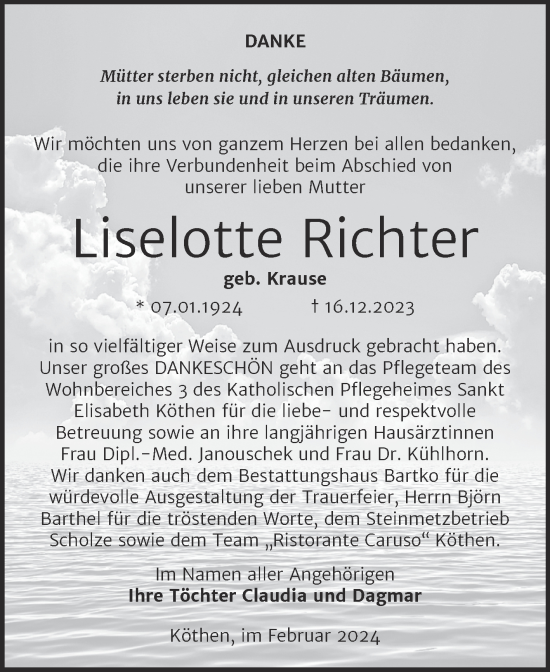 Traueranzeige von Liselotte Richter von Trauerkombi Köthen