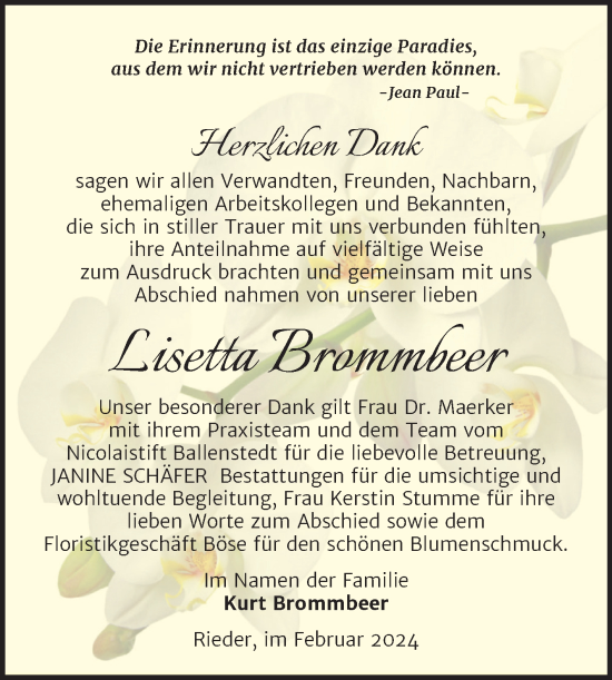 Traueranzeige von Lisetta Brommbeer von Trauerkombi Quedlinburg
