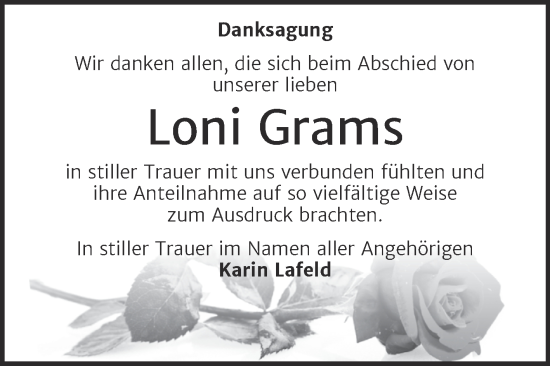 Traueranzeige von Loni Grams von Trauerkombi Quedlinburg