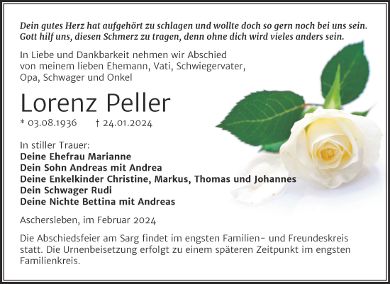 Traueranzeige von Lorenz Peller von Trauerkombi Aschersleben