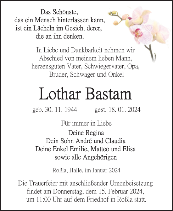 Traueranzeige von Lothar Bastam von Trauerkombi Sangerhausen