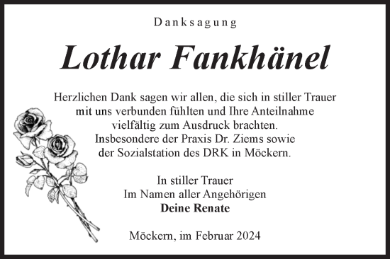 Traueranzeige von Lothar Fankhänel von Volksstimme Burg/Genthin