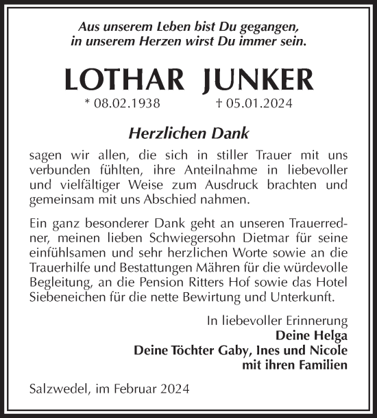 Traueranzeige von Lothar Junker von Volksstimme Altmark West