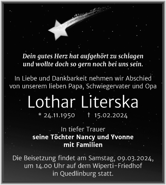 Traueranzeige von Lothar Literska von Trauerkombi Quedlinburg