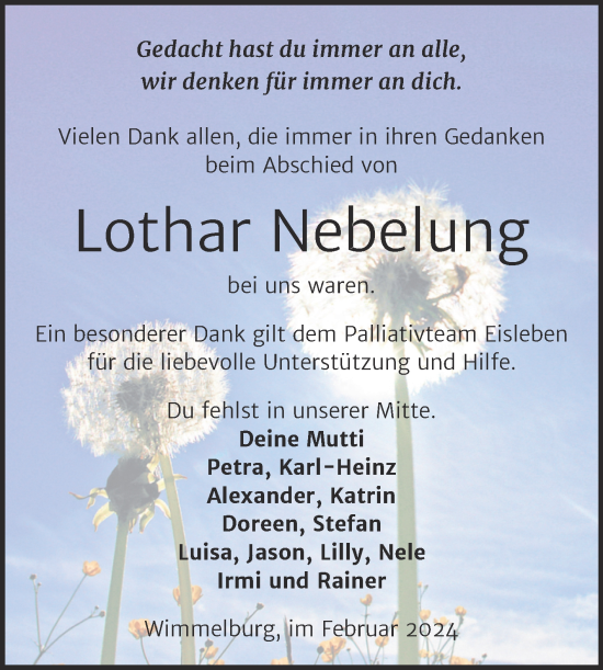Traueranzeige von Lothar Nebelung von Trauerkombi Mansfelder Land