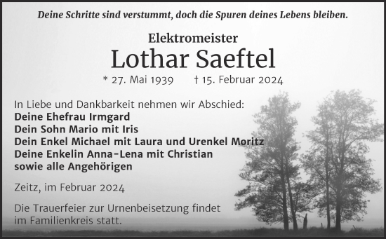 Traueranzeige von Lothar Saeftel von Trauerkombi Zeitz