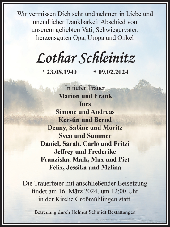 Traueranzeige von Lothar Schleinitz von Volksstimme Schönebeck