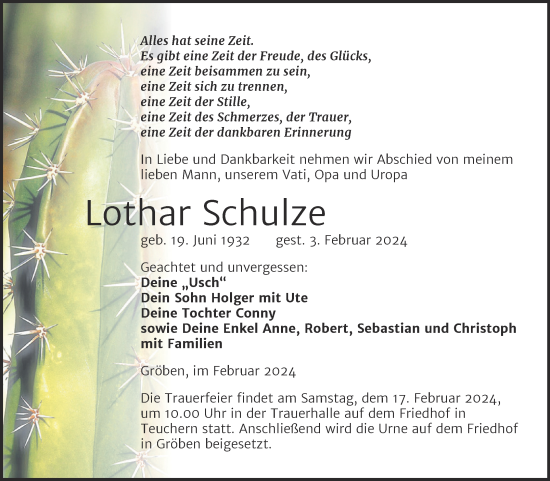 Traueranzeige von Lothar Schulze von Trauerkombi Weißenfels
