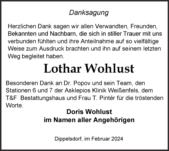Traueranzeige von Lothar Wohlust von Trauerkombi Weißenfels