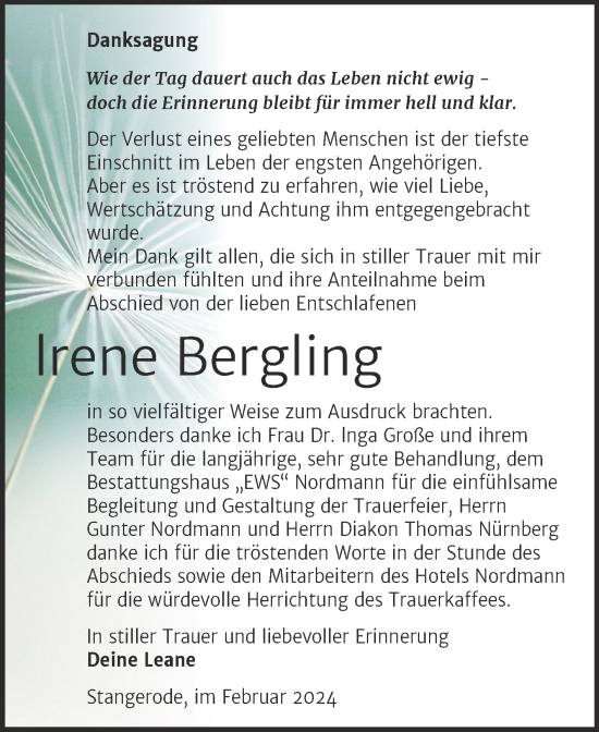 Traueranzeige von lrene Bergling von Trauerkombi Mansfelder Land