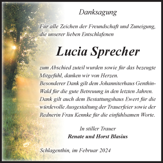 Traueranzeige von Lucia Sprecher von Volksstimme Burg/Genthin
