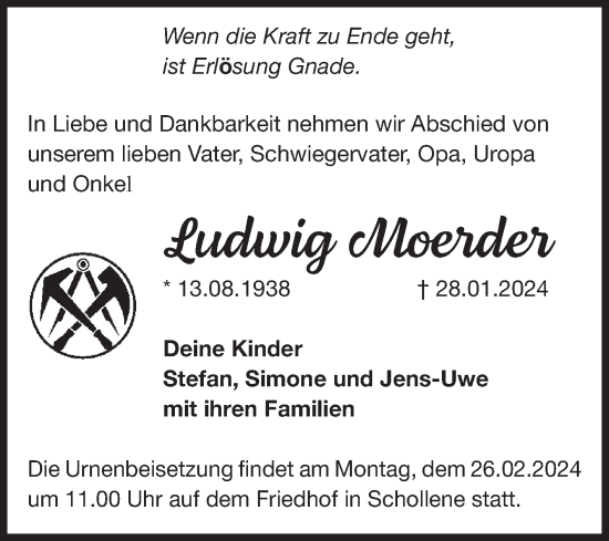 Traueranzeige von Ludwig Moerder von Volksstimme Altmark Ost