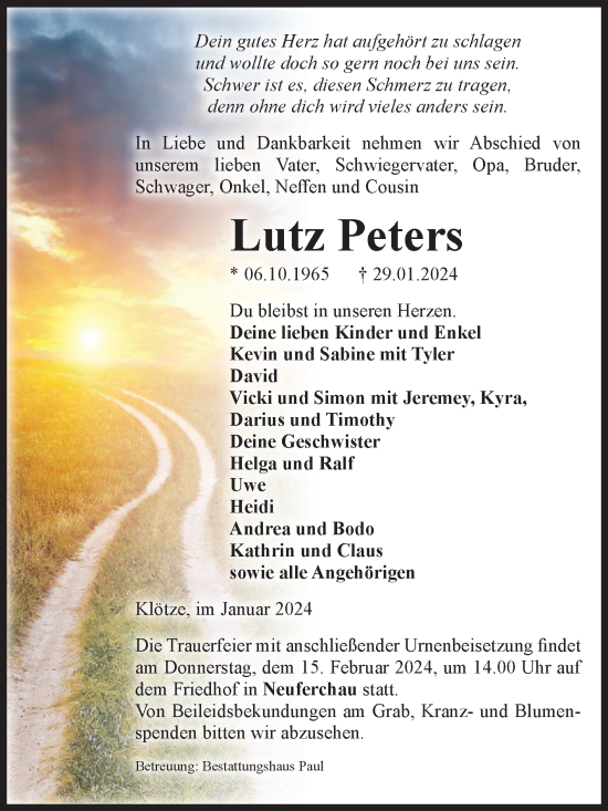Traueranzeige von Lutz Peters von Volksstimme Altmark West