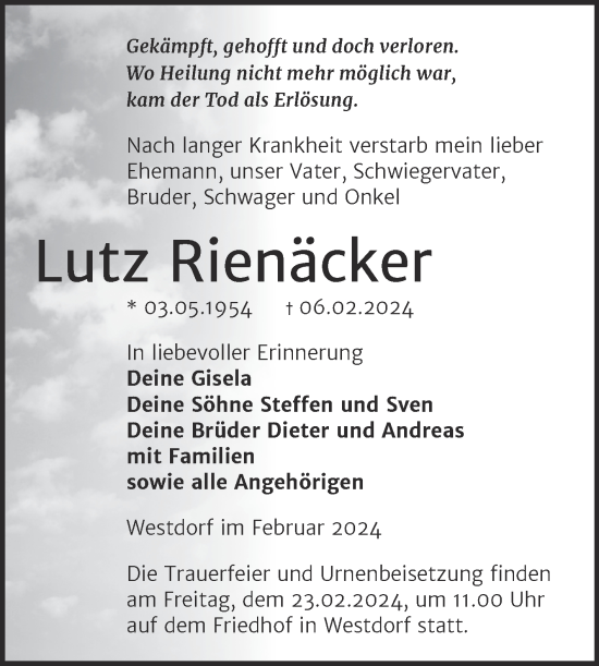 Traueranzeige von Lutz Rienäcker von Trauerkombi Aschersleben