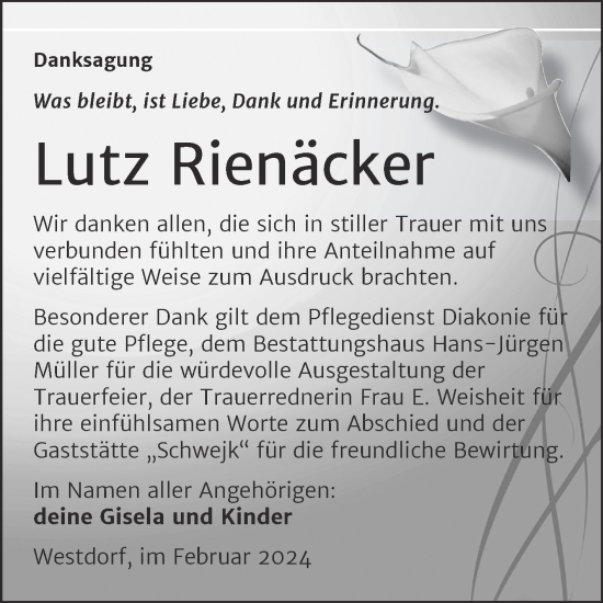Traueranzeige von Lutz Rienäcker von Trauerkombi Aschersleben