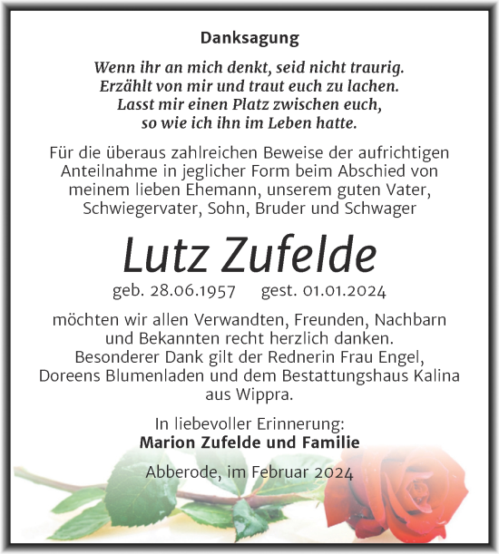 Traueranzeige von Lutz Zufelde von Trauerkombi Mansfelder Land