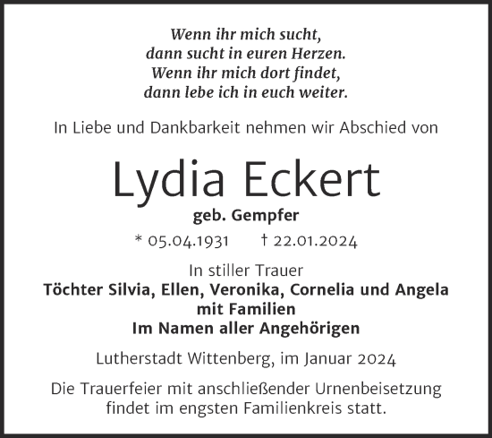 Traueranzeige von Lydia Eckert von Trauerkombi Wittenberg