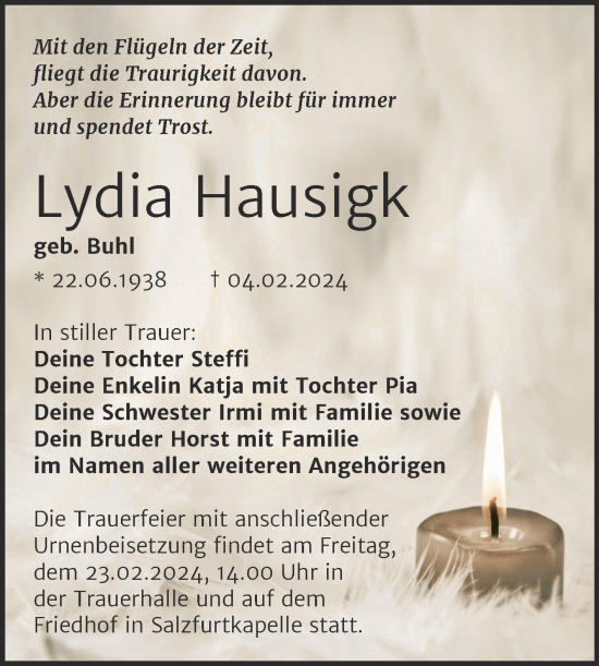 Traueranzeige von Lydia Hausigk von Trauerkombi Bitterfeld